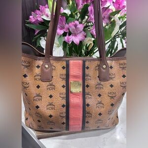 MCM Tan and Pink Tote with Iconic Pattern and Leather Handles